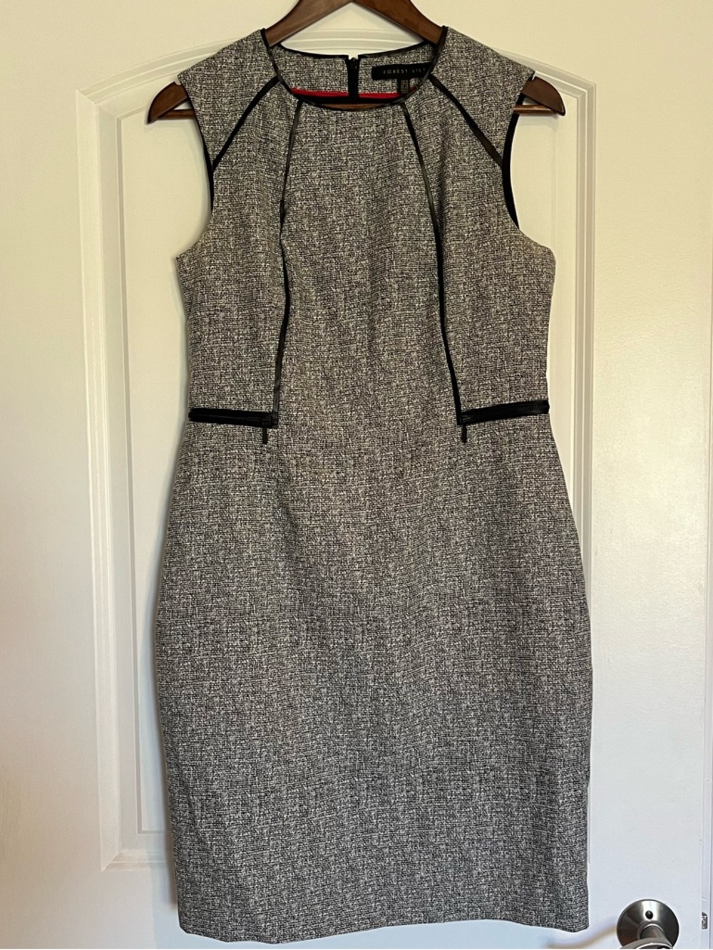 Forest Lily Black and White Tweed Midi Sheath Dress with Black Leather Trim